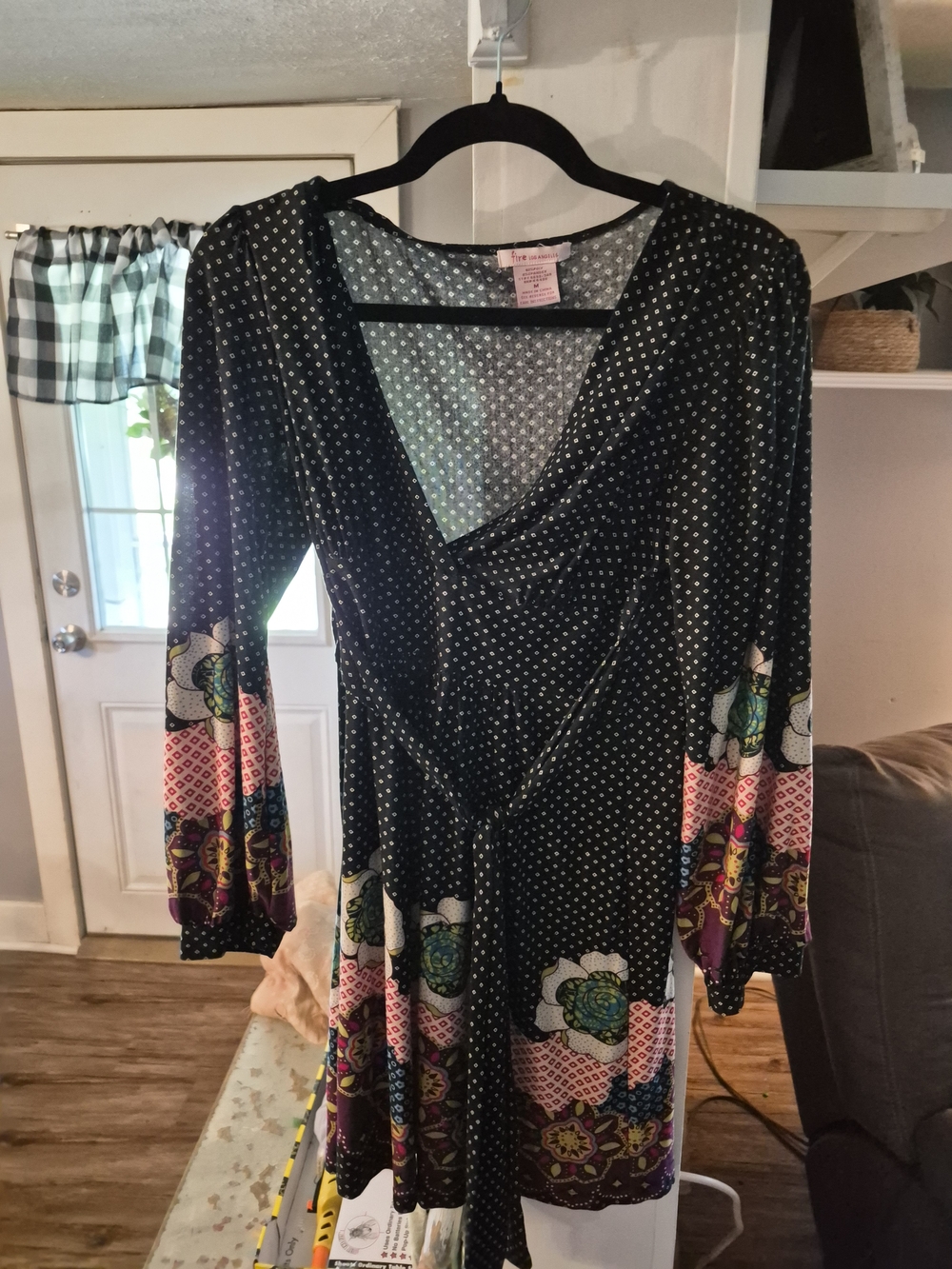 Fire Los Angeles black bohemian floral print long-sleeve mini dress featuring